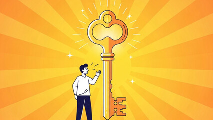 Man reaching for a large golden key symbolizing success and opportunity against a radiant yellow backdrop, conveying a sense of achievement and hope.