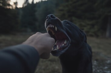 A close-up of a black dog showing its teeth while a hand reaches towards it, set against a blurred forest background.