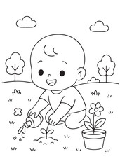 coloring book baby pouring water on a potted plant, caring for young leaves.
