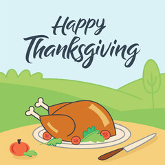 Happy Thanksgiving message over a cartoon roast turkey on an outdoor landscape image