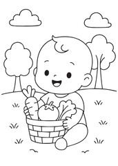 coloring book a baby holding a basket full of harvested vegetables and carrots.
