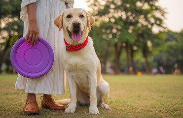 A happy Labrador retriever sits beside a person holding a purple frisbee in a lush green park during a sunny day.