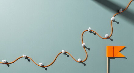 Reaching Goals Concept: Orange String Leading to Flag. Business Success. Flat Lay Design Path Achievement Future Success Roadmap Progress