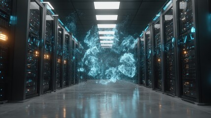Server room with parallel rows of black racks and a bright glowing portal in the middle, reflecting on the glossy floor