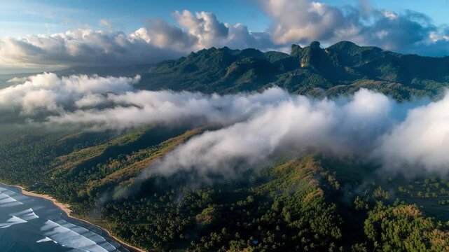 Cloud covered over tropical island sea water mountain forest aerial drone view