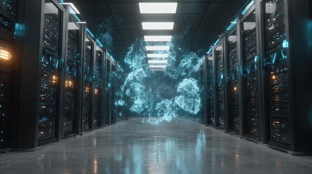 Server room with parallel rows of black racks and a bright glowing portal in the middle, reflecting on the glossy floor