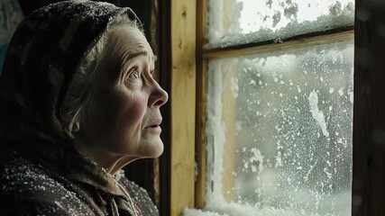 A woman gazes out of a window at falling snow