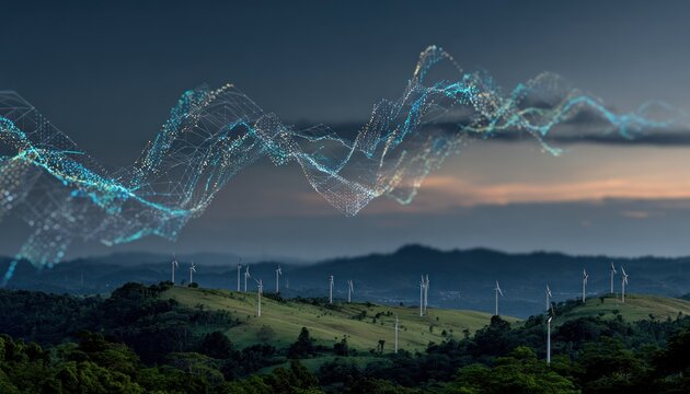 Verdant hills host wind turbines under a dusky sky, overlaid with a dynamic blue and white waveform