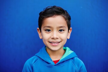 Smiling Young Boy in Hoodie Against Blue Background