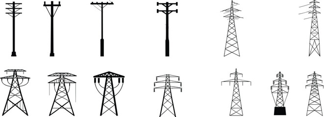 Black silhouette utility poles, transmission towers, electricity, power lines, infrastructure, energy, distribution, high voltage, engineering, grid, vector illustration, design element