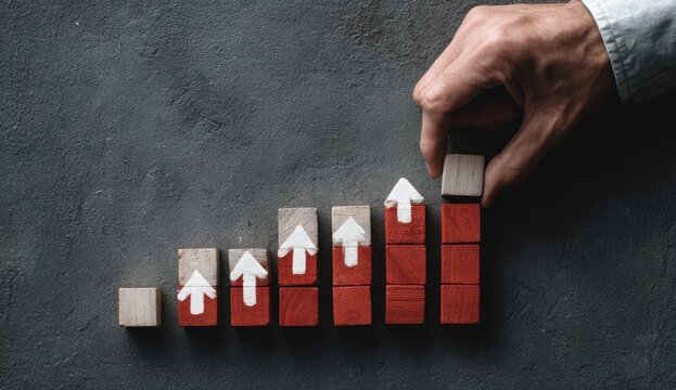 Hand arranging wooden blocks, showing incremental growth with white arrow upwards on a grey textured background