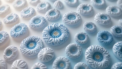 Close-up of white and blue sea anemones or coral formations with detailed textures and patterns. Nature and marine life concepts. The image highlights delicate structures and natural beauty.