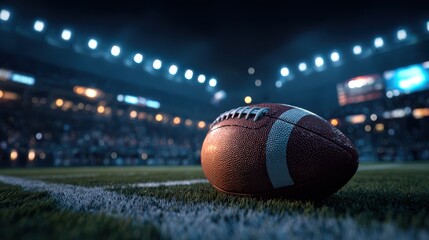 Commercial high-resolution photo of professional football closeup dramatic night game setting with stadium ligsts for nfl draft coverage,sport broadcasting and american football events.