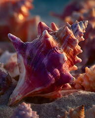 Close-up of a purple and pink seashell on a sandy beach.
