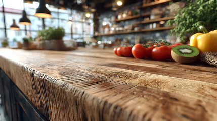 Close-up of a rustic wooden countertop with tomatoes and kiwi