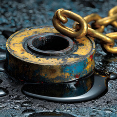 Close-up of a rusty ball bearing with a gold chain on a dark surface with oil spill