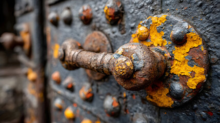 Close-up of a rusty metal door handle and its surrounding metalwork.