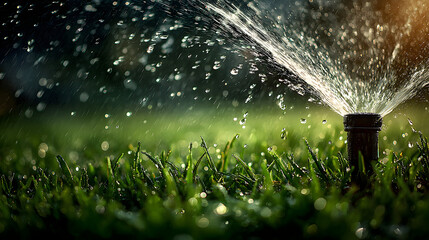Close-up of a sprinkler watering a lawn at night.