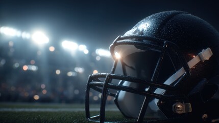 Commercial high-resolution photo of professional football closeup dramatic night game setting with stadium ligsts for nfl draft coverage,sport broadcasting and american football events.