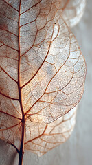 Close-up of a single, dried leaf with visible veins against a muted background.