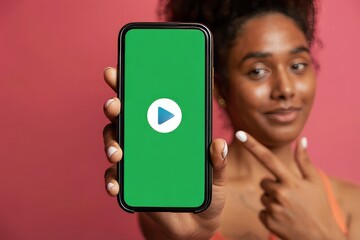 Young Woman Holding Smartphone with Green Screen Display