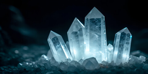 Transparent crystal shards glowing on dark background in abstract shiny design
