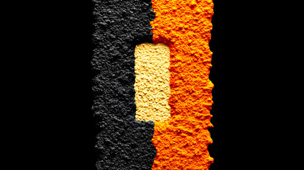 Close-up of a textured surface with black, orange, and yellow sections.
