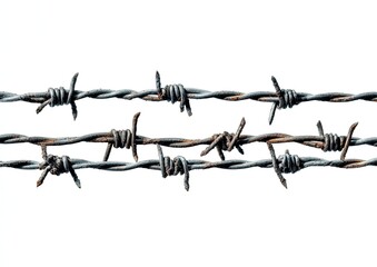 Three rows of rusty barbed wire against a white background