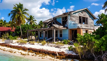 A dilapidated beach house on a tropical shoreline, ravaged by time or forces of nature. The structure is weathered and damaged, but the setting is still serene