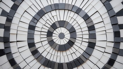 A spiral pattern of black and white tiles arranged in concentric circles.