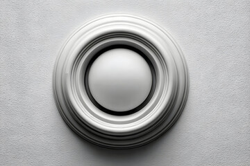 Close-up of a white round doorbell button on a light gray wall.