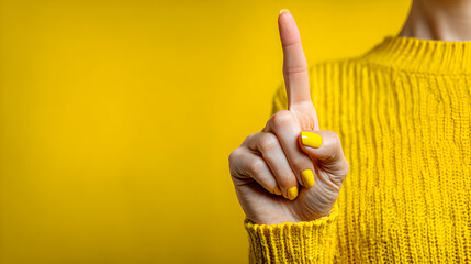Close-up of a woman's hand in a yellow sweater gesturing with one finger raised against a yellow background.
