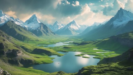 Scenic landscape of mountains, green valleys, and lakes with snow-capped peaks and partly cloudy sky.