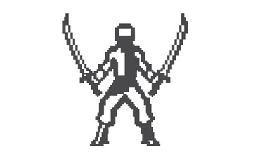 Warrior Robot Silhouette with Swords, Tribal Style Crest on White Background