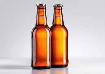 Two amber beer bottles, standing side-by-side, against a plain light gray backdrop