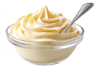 Creamy mayonnaise in a glass bowl, a silver spoon touches the top