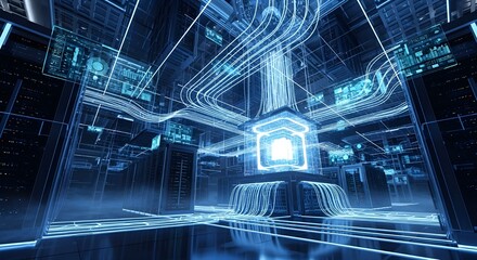 Futuristic data center with glowing servers and intricate network connections for modern technology solutions