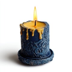 A detailed, cylindrical candle.  Blue, decorative base