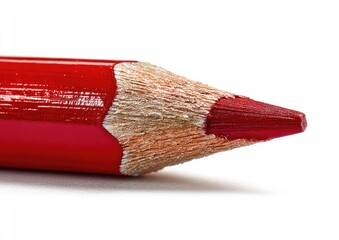 Close-up of a red colored pencil tip.  The sharpened point shows a light brownish-tan core, with a vibrant red coloring.  The pencil's exterior is a glossy red