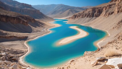 A river with blue water flowing through a desert canyon with rugged, rocky cliffs and dry terrain.