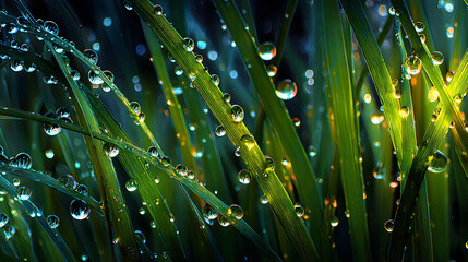 Close-up of dew drops on blades of grass.