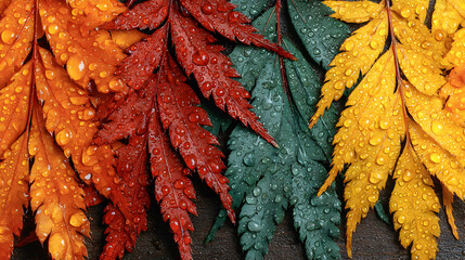 Close-up of dyed fern fronds, red, green, and yellow.