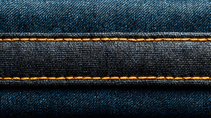 Close-up of dark blue fabric with a contrasting dark brown leather patch and yellow stitching.
