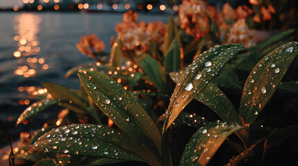 Close-up of Dew-Covered Leaves Near a Body of Water at Night