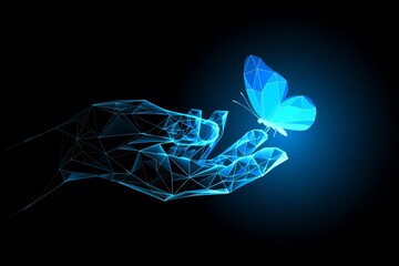 Abstract Blue Butterfly Perched on Geometric Human Hand - Digital Art