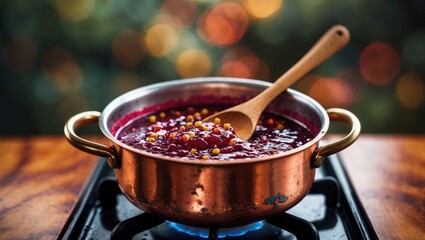 A copper pot with handles on a stove, filled with berry jam or sauce, with a wooden spoon inside, against a blurred colorful background.