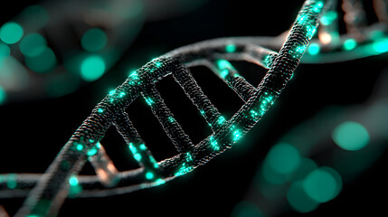 3D rendering of a DNA double helix with teal highlights against a black background.