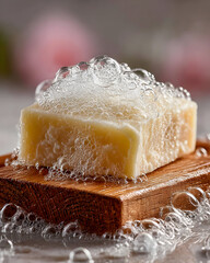 A bar of off-white soap with foam on a wooden soap dish.