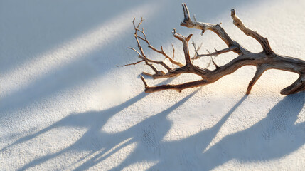 A bare tree branch lying on snow, casting shadows.