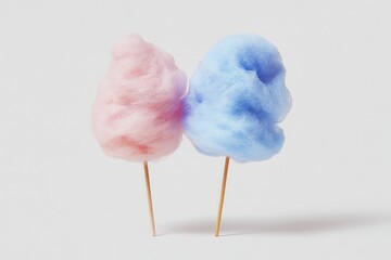 Two fluffy, pastel-colored cotton candy on wooden sticks against a plain white background